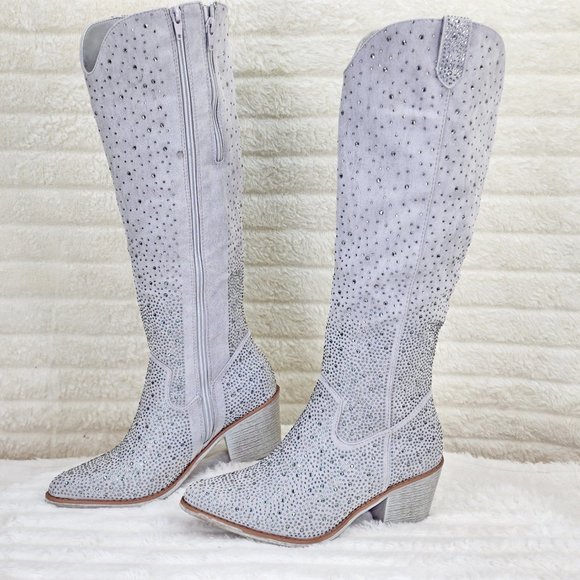 Pierre Dumas Shoes - Wild Ones Glamour Cowboy Rhinestone Cowgirl Boots Tuck Zipper Plus Silver Gray